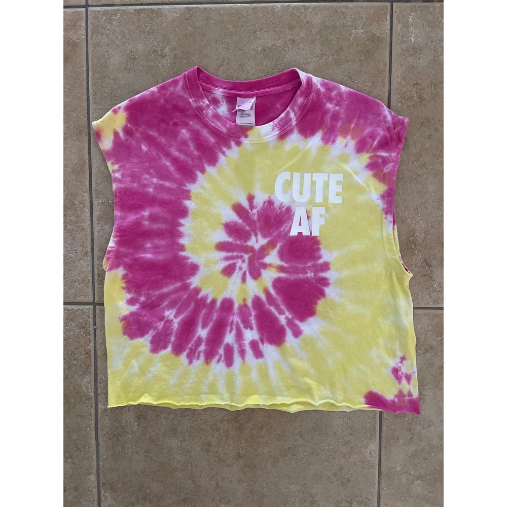 Pink & Yellow Tie Dye Cute AF Cropped Muscle Tee Tank Top Size M 100% Cotton